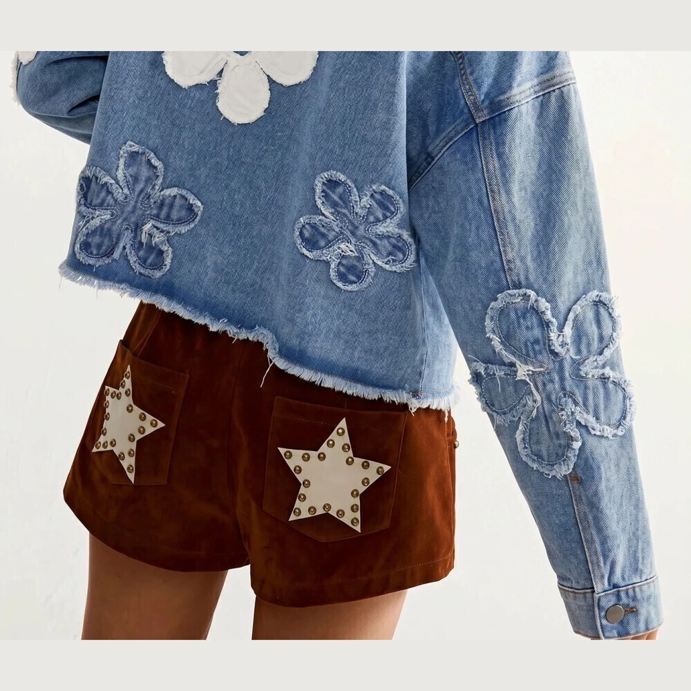 Blue Denim Cropped Jacket with Floral Patch Appliques